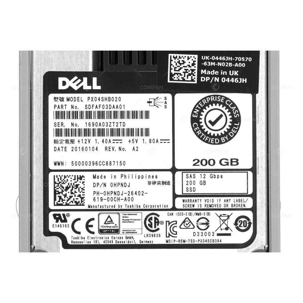 HPNDJ DELL 200GB 12G SSD 2.5 SFF SAS G11 G12 G13 0HPNDJ, PX04SHB020